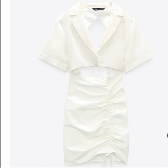 Zara Linen Blend Cut Out Ruched White Mini Dress Bloggers Fav - Picture 8 of 11